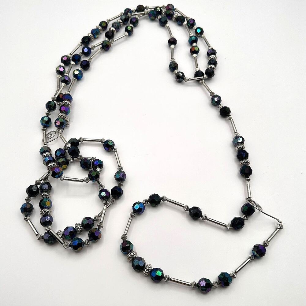 Vintage 90s Black Multi-strand Crystal Beaded Necklace Silver Tone Jewelry